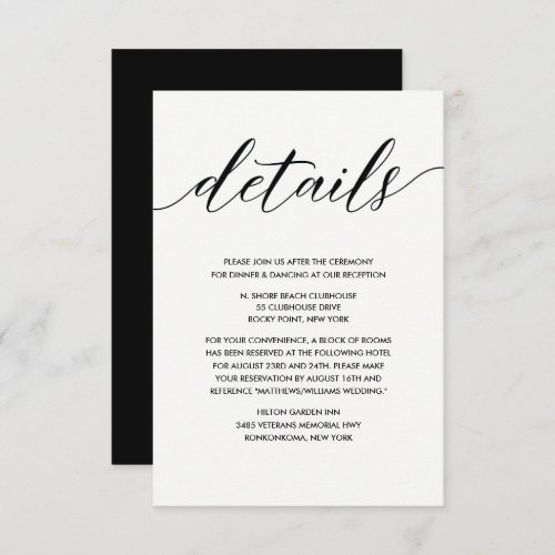 Simple Elegant Black and White Wedding Details Enclosure Card