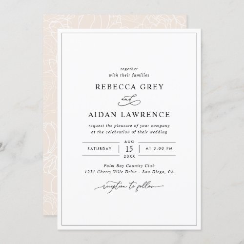 Simple Elegant Black and White Wedding Invitation - This elegant Wedding Invitation features a sweeping script calligraphy text paired with a classy serif & modern sans font in black, and neutral blush back (color can be edited) with a floral line art pattern & a customizable monogram. Matching items available.
