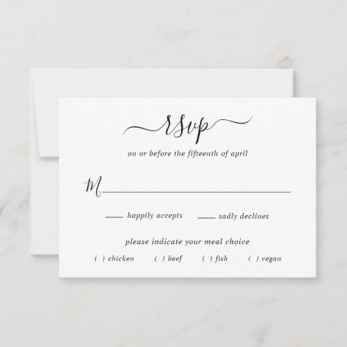 Simple Elegant Black and White Wedding Meal Choice RSVP Card