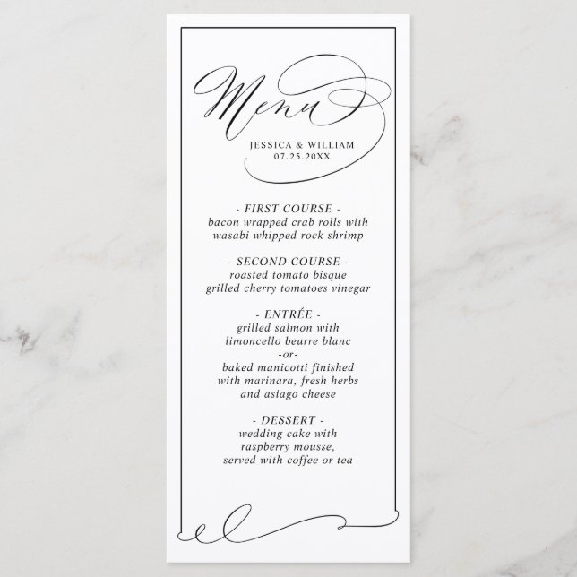 Simple Elegant Black And White Wedding Menu Card (Front)