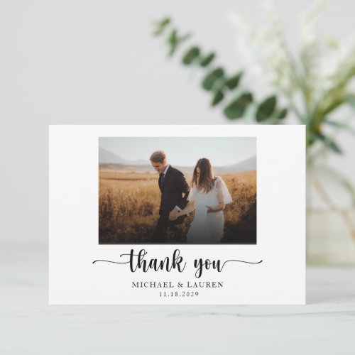 Simple Elegant Black and White Wedding Photo Thank You Card