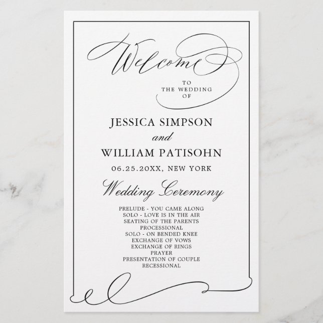 Simple Elegant Black And White Wedding Program (Front)