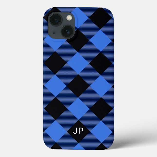 Simple Elegant Black Blue Plaid Initials Case-Mate iPhone Case (Back)