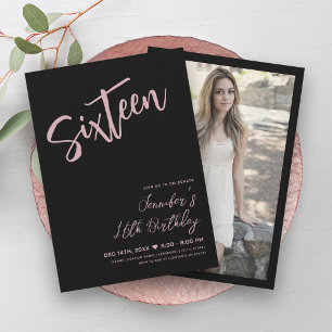 Simple Elegant Black Blush Pink Sweet 16 Script Invitation