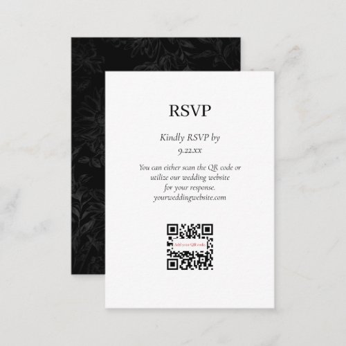 Simple Elegant Black Floral RSVP QR Code Option Enclosure Card