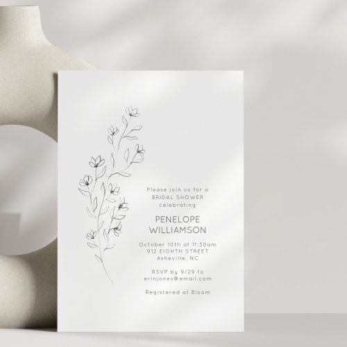 Simple Elegant Black Floral Sketch Bridal Shower Invitation