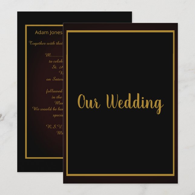 Simple & Elegant Black Gold Border Wedding Invitation (Front/Back)