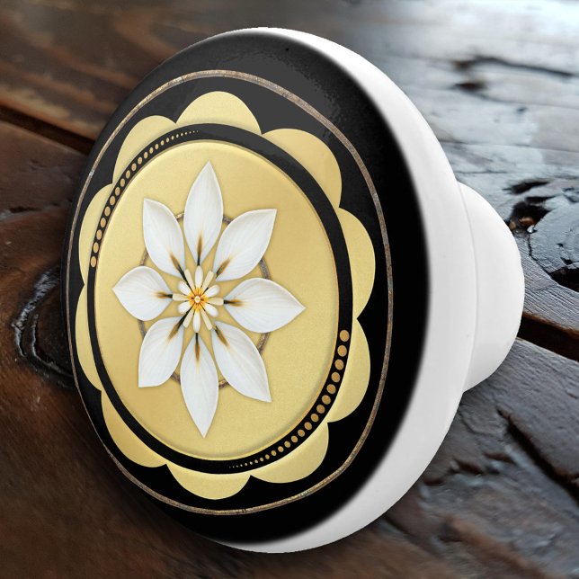 Simple Elegant Black Gold Floral Ceramic Knob (An elegant ceramic door knob featuring a simple floral design on black and gold.)