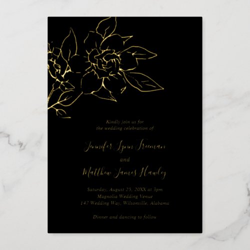 Simple Elegant Black Gold Magnolia Floral Wedding Foil Invitation