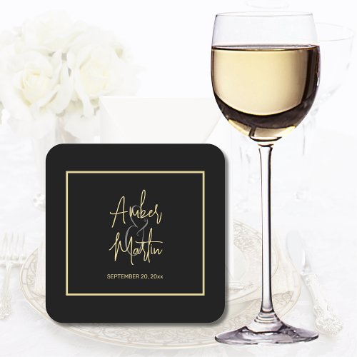 Simple Elegant Black Gold Minimal Modern Square Paper Coaster