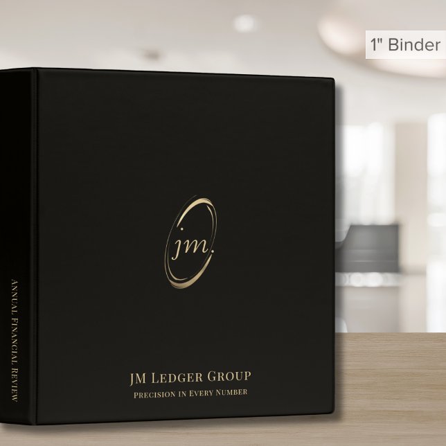 Simple Elegant Black Gold Monogram Initials Logo 3 Ring Binder (Creator Uploaded)