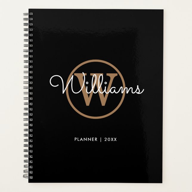 Simple Elegant Black Gold Monogram Name 2023 Planner (Front)
