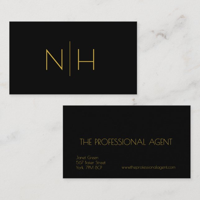 Simple Elegant Black & Gold Monogram Professional  Business Card (Front/Back)