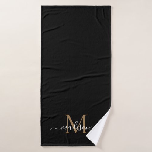 Simple Elegant Black Gold Monogram Script Name Bath Towel