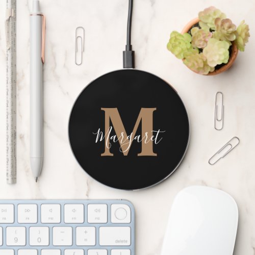 Simple Elegant Black Gold Monogram Script Name Wireless Charger