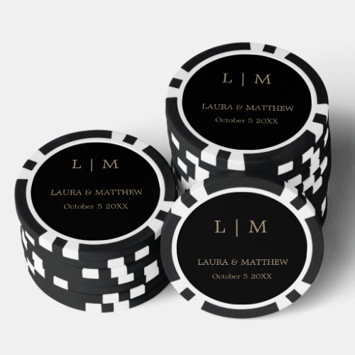 Simple Elegant Black Gold Monogram Wedding Poker Chips