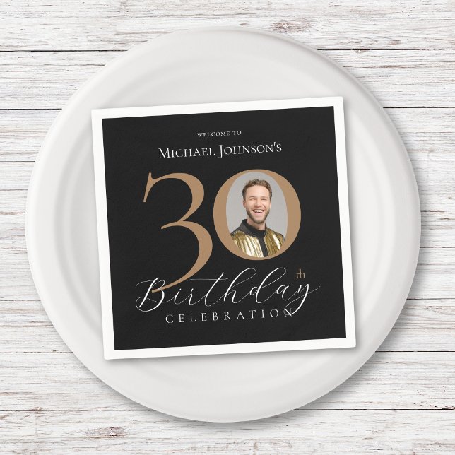 Simple Elegant Black Gold Photo 30th Birthday Napkins (Simple Elegant Black Gold Photo 30th Birthday Napkins)
