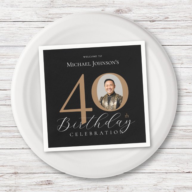 Simple Elegant Black Gold Photo 40th Birthday Napkins (Simple Elegant Black Gold Photo 40th Birthday Napkins)
