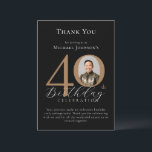 Simple Elegant Black Gold Photo 40th Birthday Thank You Card<br><div class="desc">Simple Elegant Black Gold Photo 40th Birthday Thank You Card. Celebrate a milestone birthday with our Black and Gold Simple Elegant Thank You Card, perfect for adding a touch of sophistication to your special day. This customizable design features a sleek black background adorned with elegant gold accents, creating a timeless...</div>