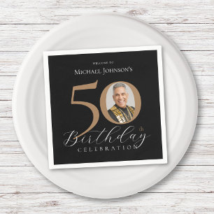 Simple Elegant Black Gold Photo 50th Birthday Napkins