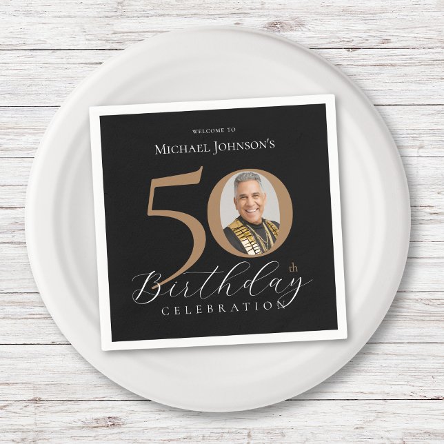 Simple Elegant Black Gold Photo 50th Birthday Napkins (Simple Elegant Black Gold Photo 50th Birthday Napkins)