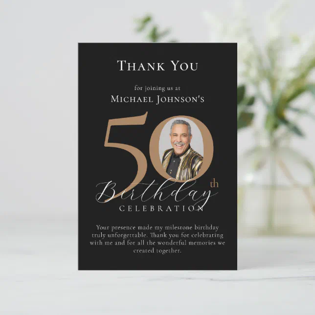 Simple Elegant Black Gold Photo 50th Birthday Thank You Card | Zazzle
