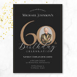Simple Elegant Black Gold Photo 60th Birthday Invitation<br><div class="desc">Simple Elegant Black Gold Photo 60th Birthday Invitation. Celebrate a milestone birthday with our Black and Gold Simple Elegant invitation, perfect for adding a touch of sophistication to your special day. This customizable design features a sleek black background adorned with elegant gold accents, creating a timeless and classy look. Personalize...</div>