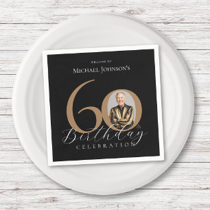 Simple Elegant Black Gold Photo 60th Birthday Napkins
