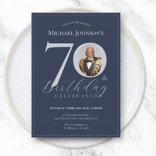 Simple Elegant Black Gold Photo 70th Birthday Invitation
