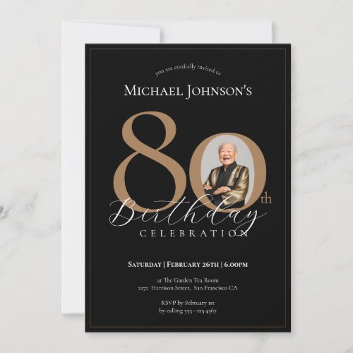 Simple Elegant Black Gold Photo 80th Birthday Invitation