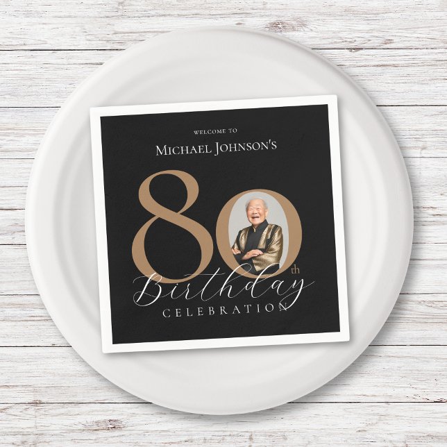 Simple Elegant Black Gold Photo 80th Birthday Napkins (Simple Elegant Black Gold Photo 80th Birthday Napkins)