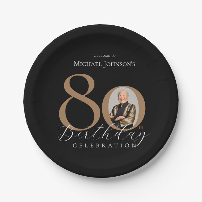 Simple Elegant Black Gold Photo 80th Birthday Paper Plates (Front)
