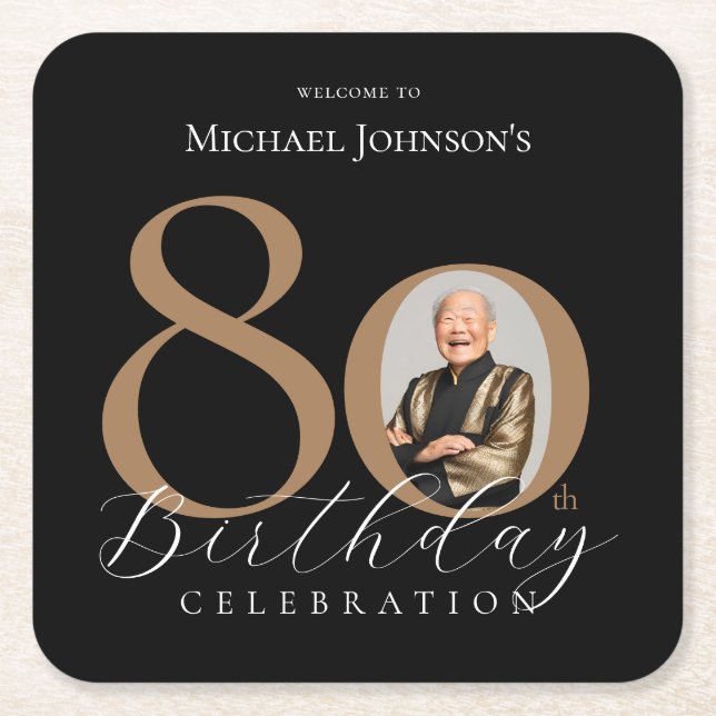 Simple Elegant Black Gold Photo 80th Birthday Square Paper Coaster (Front)