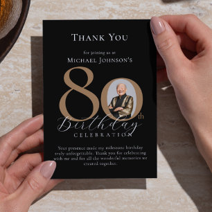 Simple Elegant Black Gold Photo 80th Birthday Thank You Card
