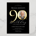 Simple Elegant Black Gold Photo 90th Birthday Foil Invitation<br><div class="desc">Simple Elegant Black Gold Photo 90th Birthday Foil Invitation. Celebrate a milestone birthday with our Black and Gold Simple Elegant invitation, perfect for adding a touch of sophistication to your special day. This customizable design features a sleek black background adorned with elegant gold accents, creating a timeless and classy look....</div>