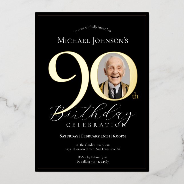 Simple Elegant Black Gold Photo 90th Birthday Foil Invitation (Front)
