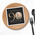 Simple Elegant Black Gold Photo 90th Birthday Napkins<br><div class="desc">Simple Elegant Black Gold Photo 90th Birthday Napkins. Celebrate a milestone birthday with our Black and Gold Simple Elegant design, perfect for adding a touch of sophistication to your special day. This customizable design features a sleek black background adorned with elegant gold accents, creating a timeless and classy look. Personalize...</div>