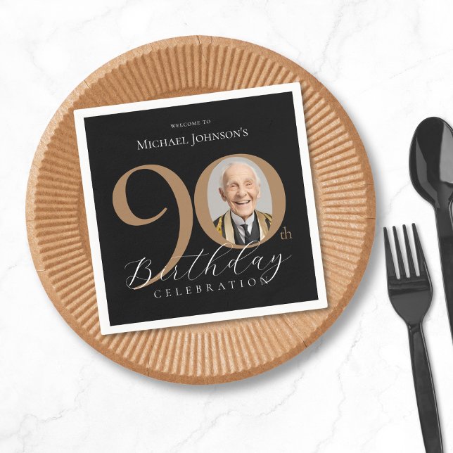 Simple Elegant Black Gold Photo 90th Birthday Napkins (Simple Elegant Black Gold Photo 90th Birthday Napkins)
