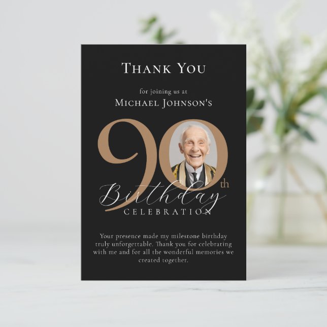 Simple Elegant Black Gold Photo 90th Birthday Thank You Card (Standing Front)