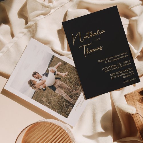 Simple Elegant Black Gold Photo Wedding Invitation