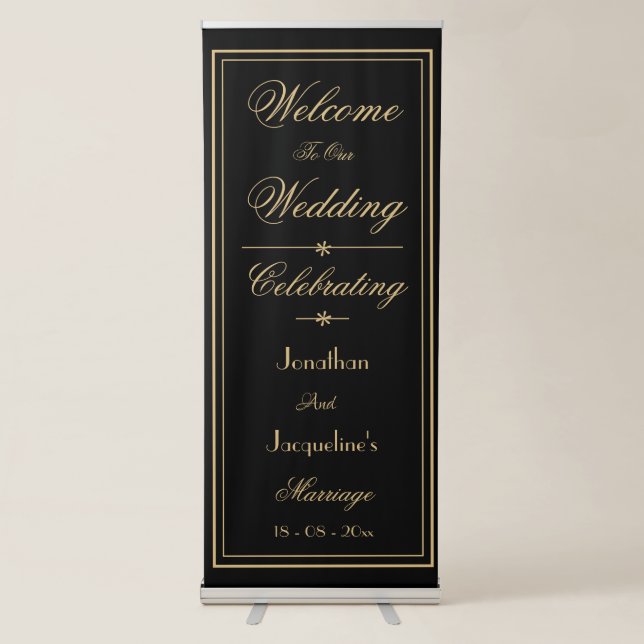 Simple Elegant  Black Gold Wedding Welcome Retractable Banner (Front)