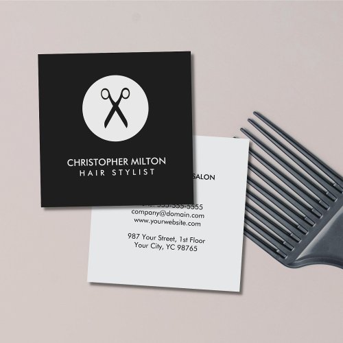 Simple Elegant Black Grey Hair Stylist Square Business Card
