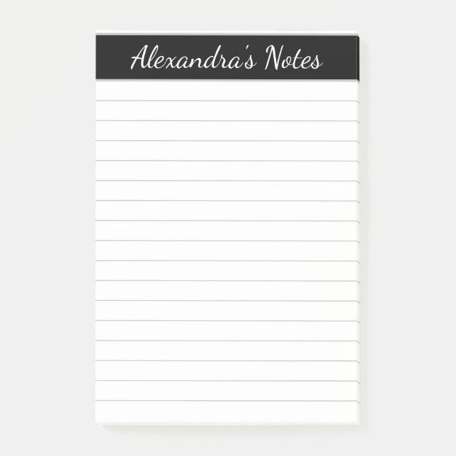 Simple Elegant Black Grey Lined Personalized Post-it Notes (Front)