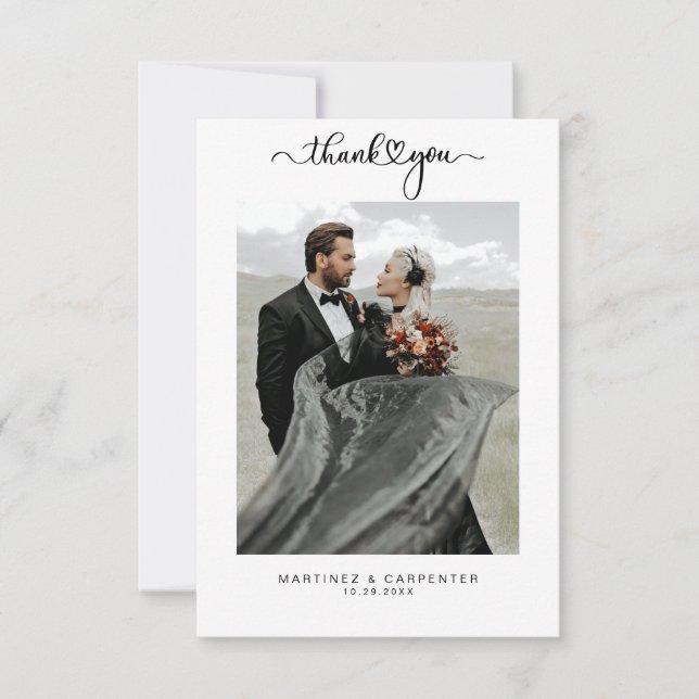 Simple Elegant Black Heart Script Photo Wedding Thank You Card (Front)