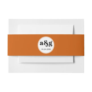 Simple elegant black initials burnt orange wedding invitation belly band