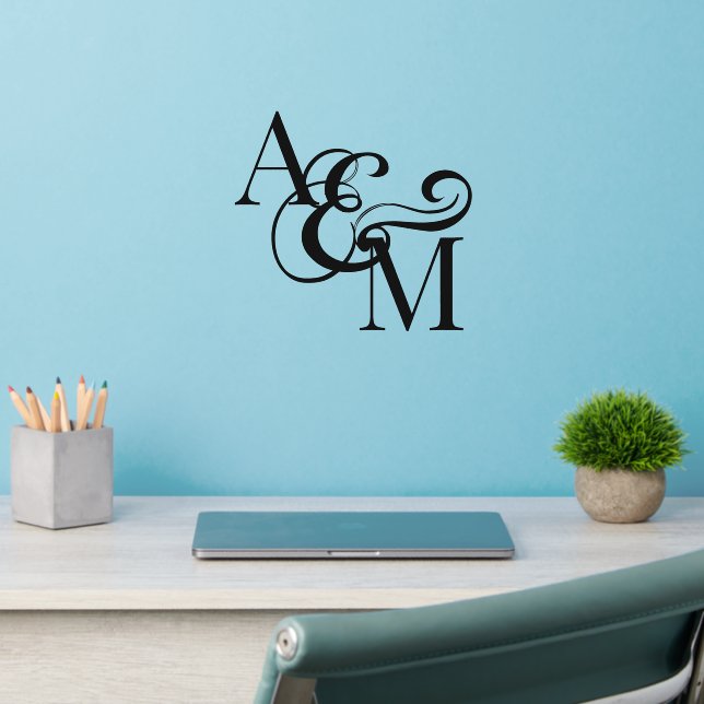 Simple Elegant Black Modern Monogram Wedding Wall Decal (Home Office 2)