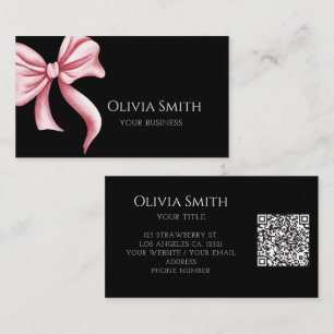 Simple Elegant Black Pink Bow QR Code Business Card