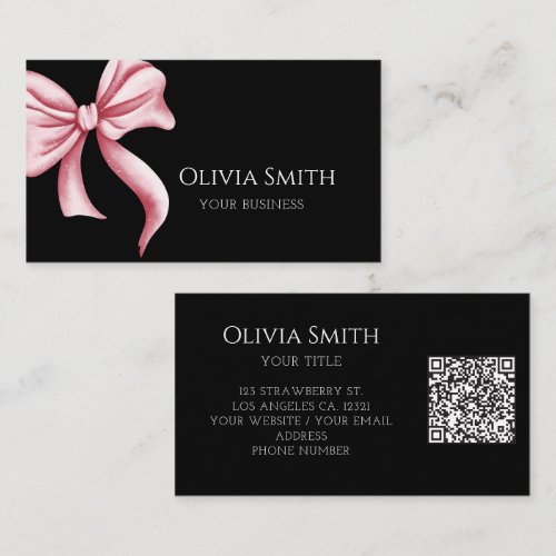 Simple Elegant Black Pink Bow QR Code Business Card