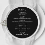 Simple Elegant Black Round Wedding Dinner Menu<br><div class="desc">A round dinner menu card on black (or any color) and chic lettering in white displays your menu choices. Perfect for a modern wedding reception, wedding rehearsal dinner, anniversary party or any special event with a sit down dinner. Choose ANY COLOR BACKGROUND, any COLOR TEXT, any FONT! Easily personalize with...</div>