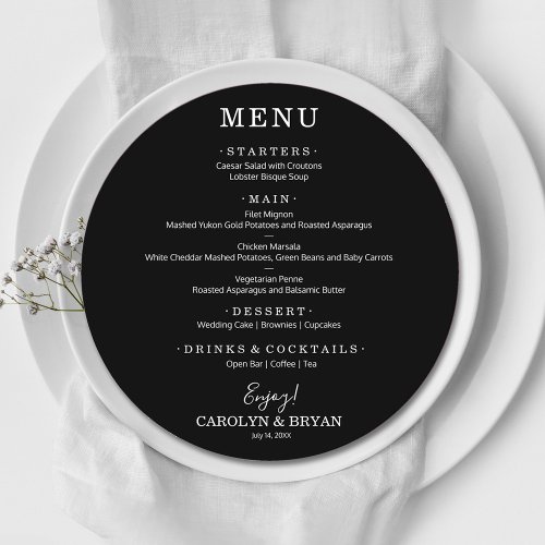 Simple Elegant Black Round Wedding Dinner Menu